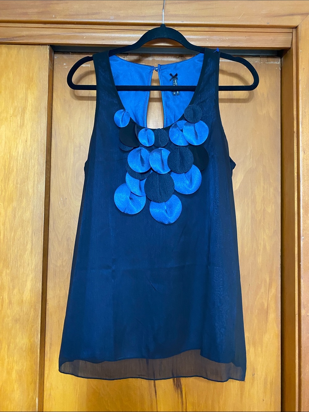 Lapis Navy Blue Sleeveless Camisole Circle Appliqués Sheer Overlay Geometric